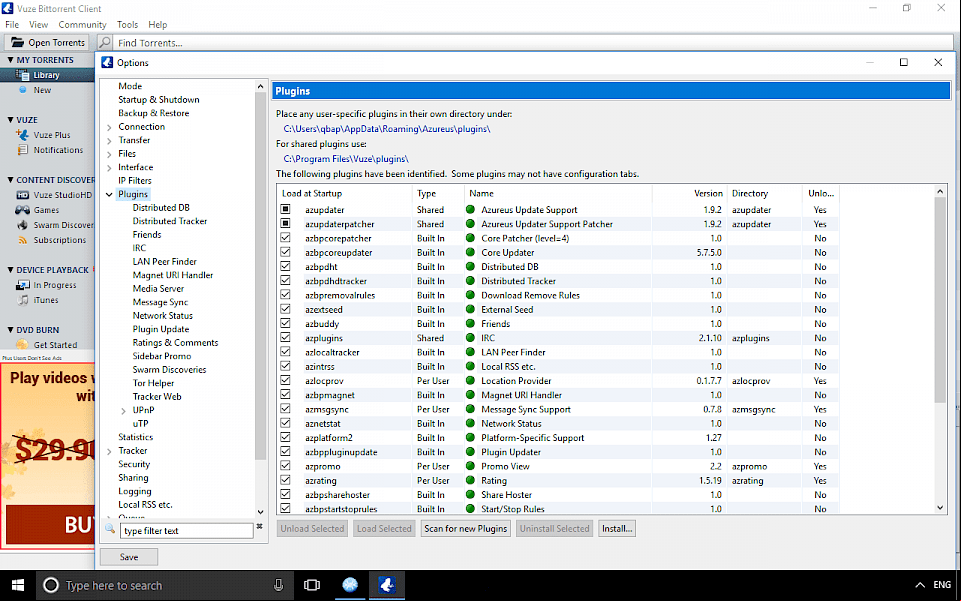 Vuze Bittorrent Client running on Windows 10.
