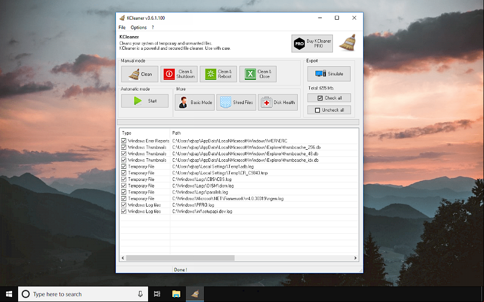 KCleaner Expert window on Windows 10