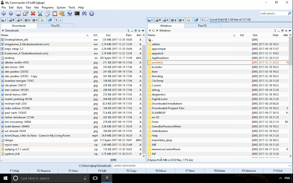 Screenshot of My Commander software running on Windows 10.