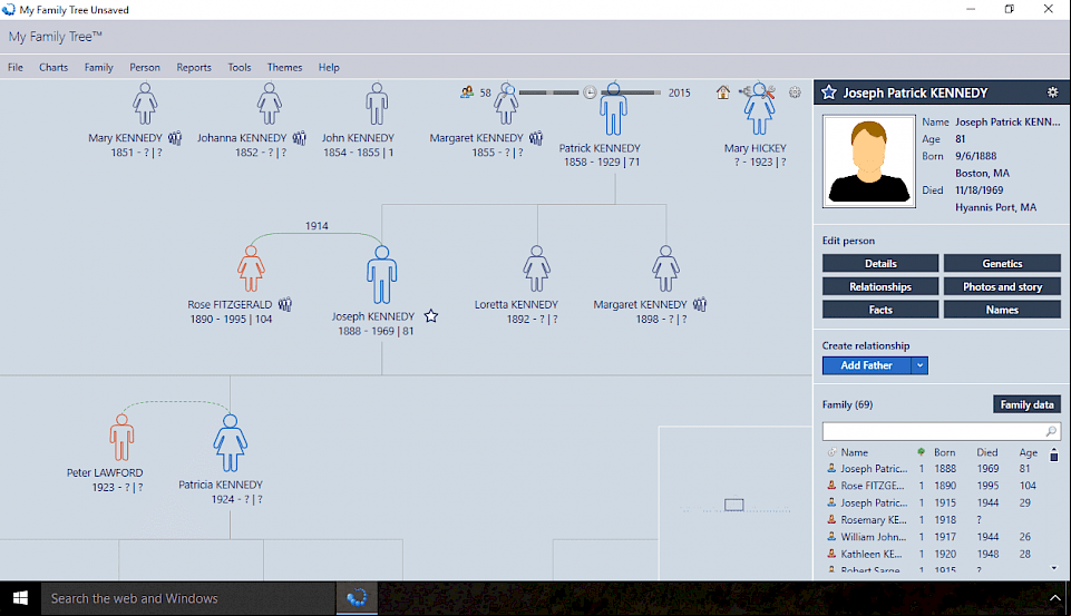 Screenshot of My Family Tree software running on Windows 10.