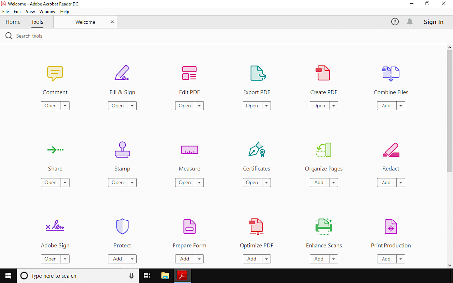 Acrobat Reader DC 2019 Tools Tab on Windows 10