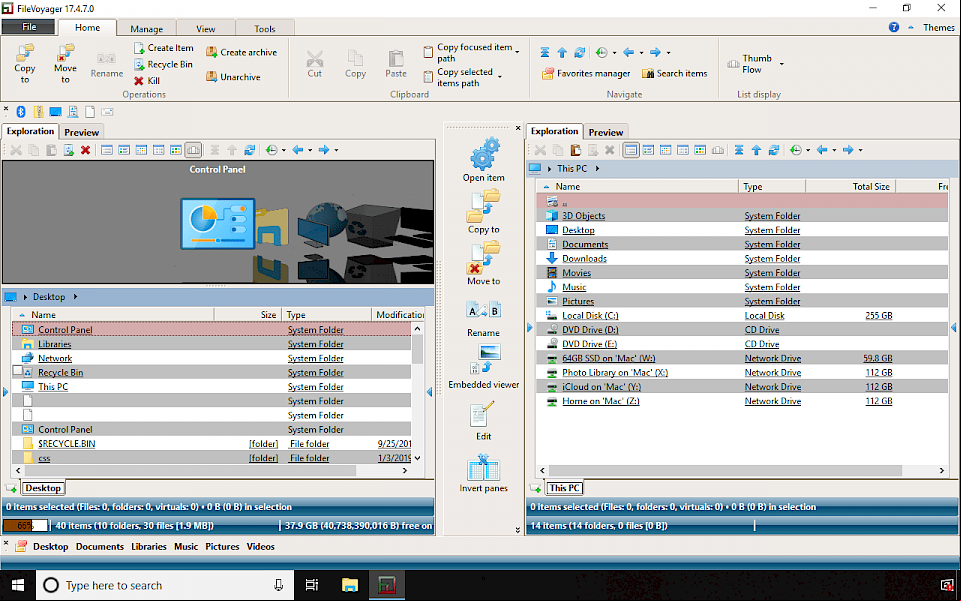 FileVoyager home tab screenshot running on Windows 10