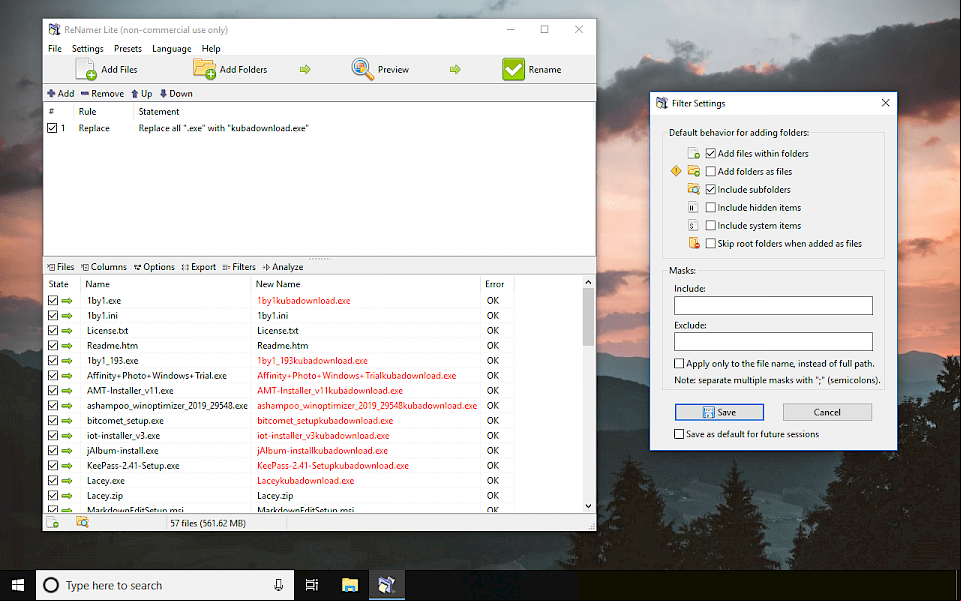 Filer Settings in ReNamer program for Windows
