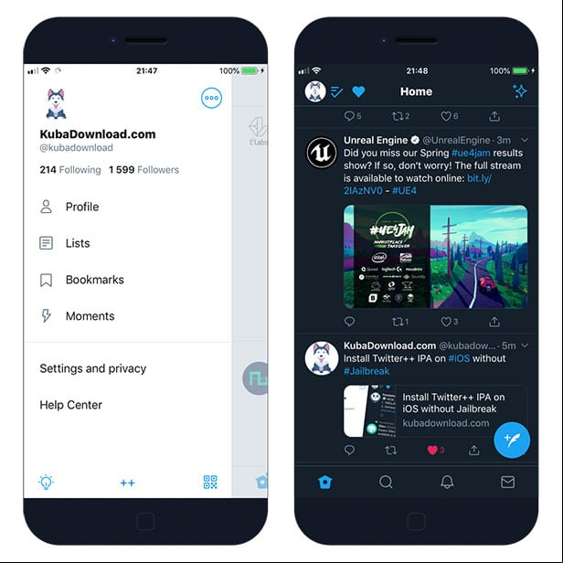Settings in Twitter++ and Dark Mode activated