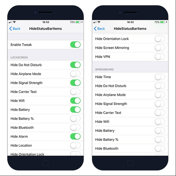HideStatusBarItemsPro Tweak